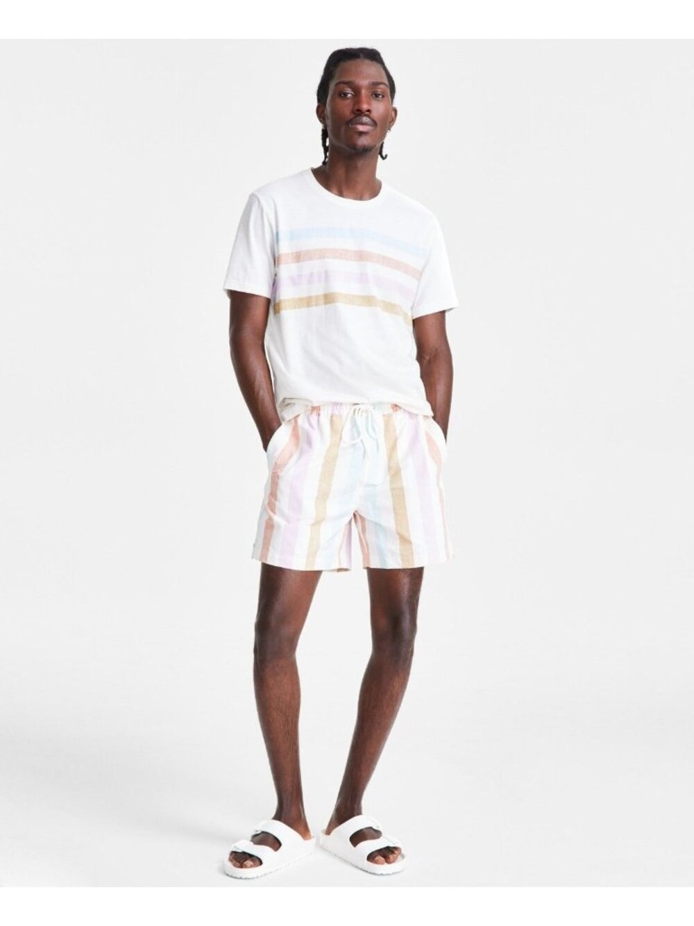 Sun + Stone Mens Carousel Two Side Pockets Striped Shorts Tofu Size 2XL NWT